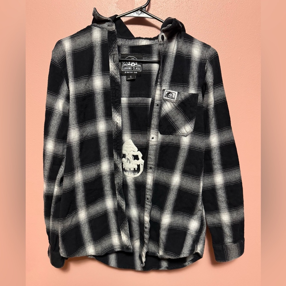 Black & White Plaid Flannel Lurking Class button up hoodie Women’s